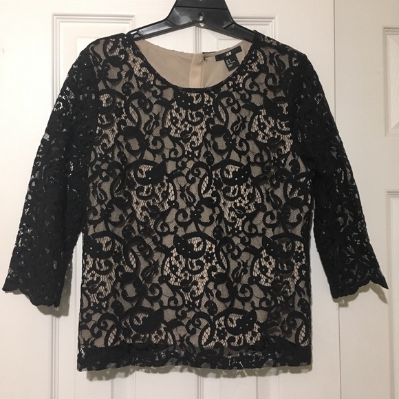 H&M Tops - H&M Black Lace Blouse 3/4 Sleeves Button-Up Back